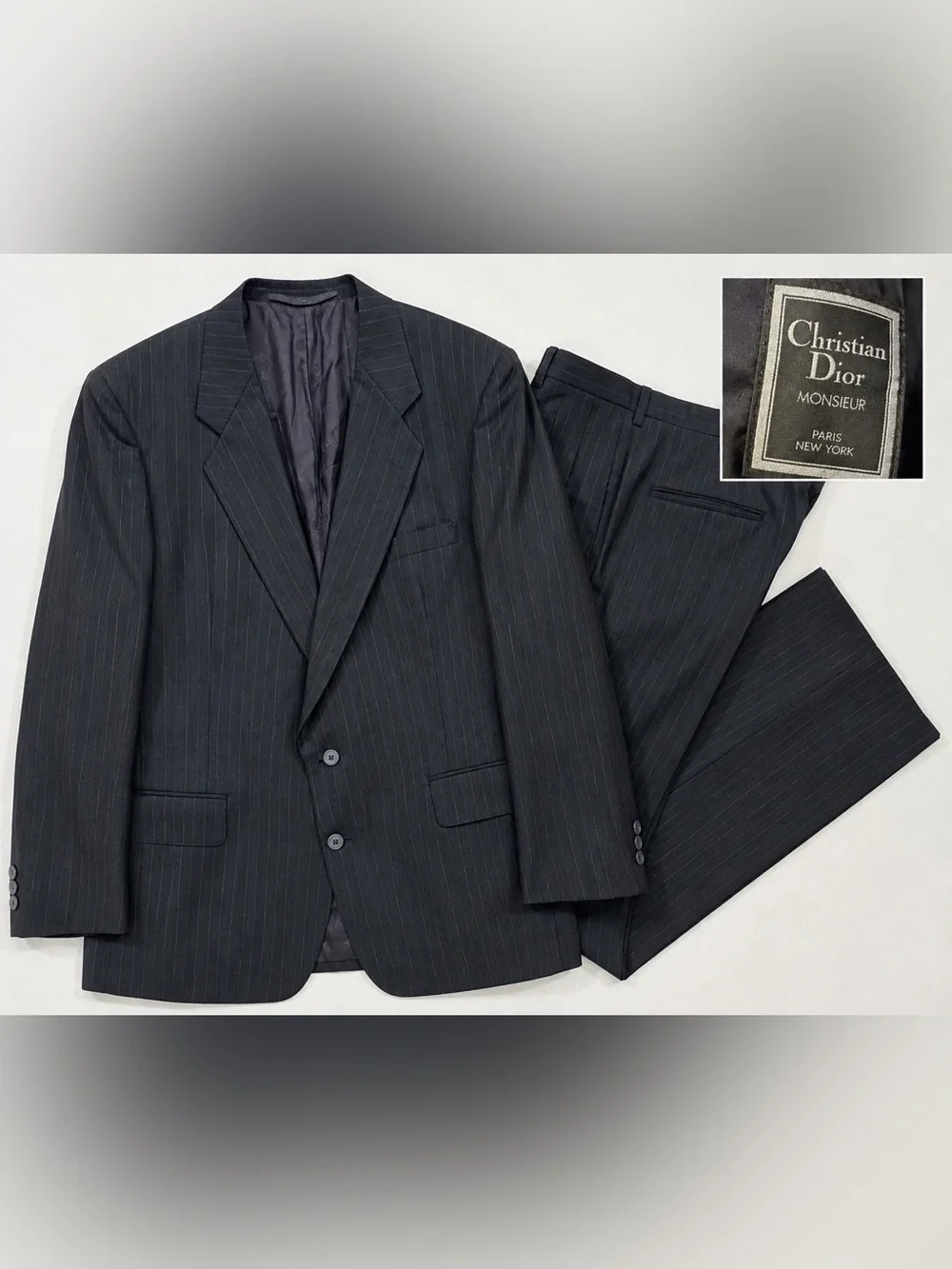 Vintage Christian Dior Monsieur Navy Pinstripe 2 Piece Suit Blazer Pants COA